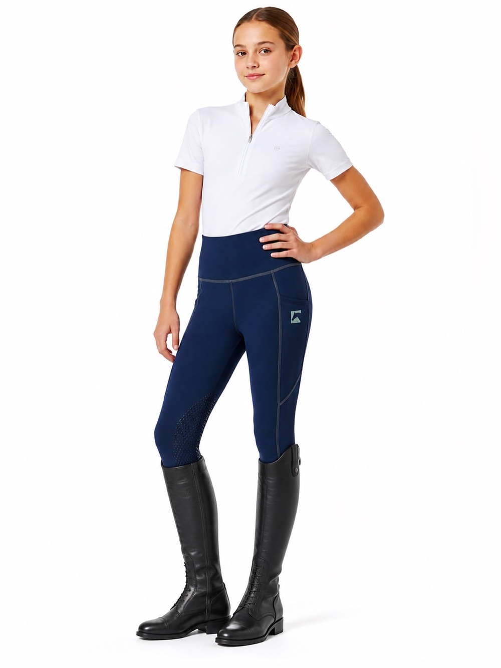 Dover Saddlery Riding Sport Girls Knee Patch Silicone Tech Tights M Navy Blue